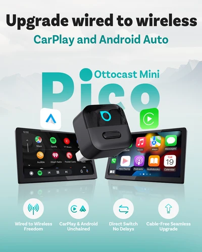 Imagen 1 del producto Adaptador inalámbrico OTTOCAST Mini Pico 2 en 1 para CarPlay y Android Auto, Wifi 6.0, Plug and Play, compatible con el 98% de los coches.