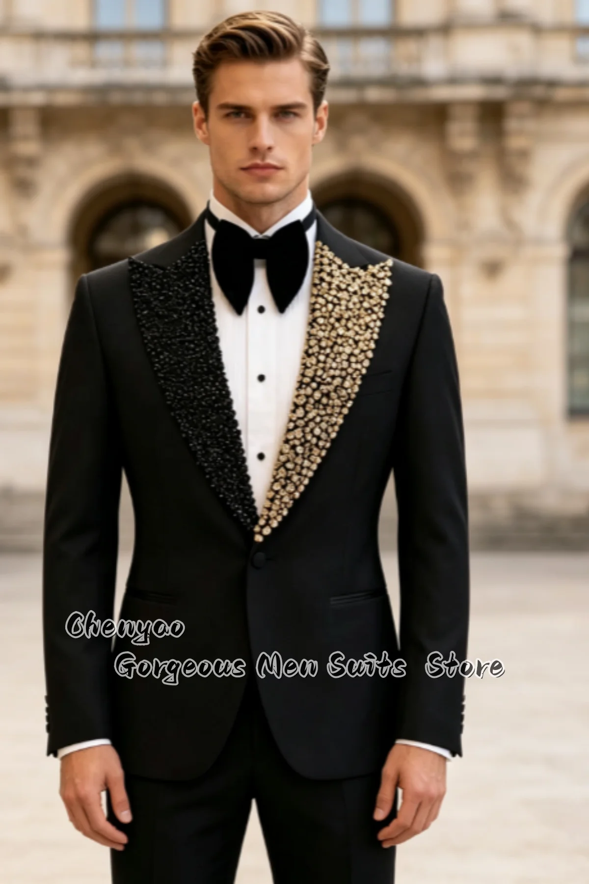 Premium Beaded Rhinestone Embellished Asymmetric Men Suits Customized Slim Groom Tuxedos 2-pcs Male Blazers Themed Formal Suit