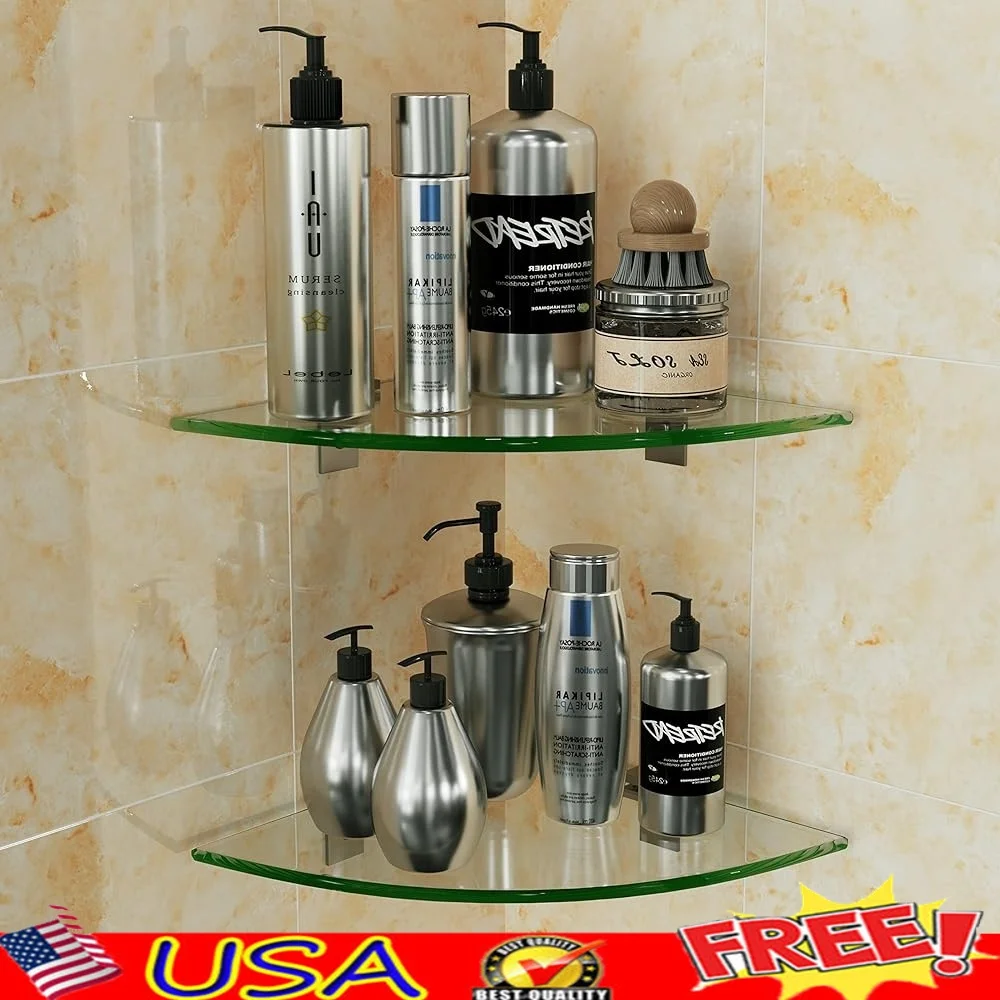 

2-Pack Glass Corner Shower Shelves No Drill Wall Storage Organizer with Aluminum Brackets Bathroom Caddy Easy Install Rust