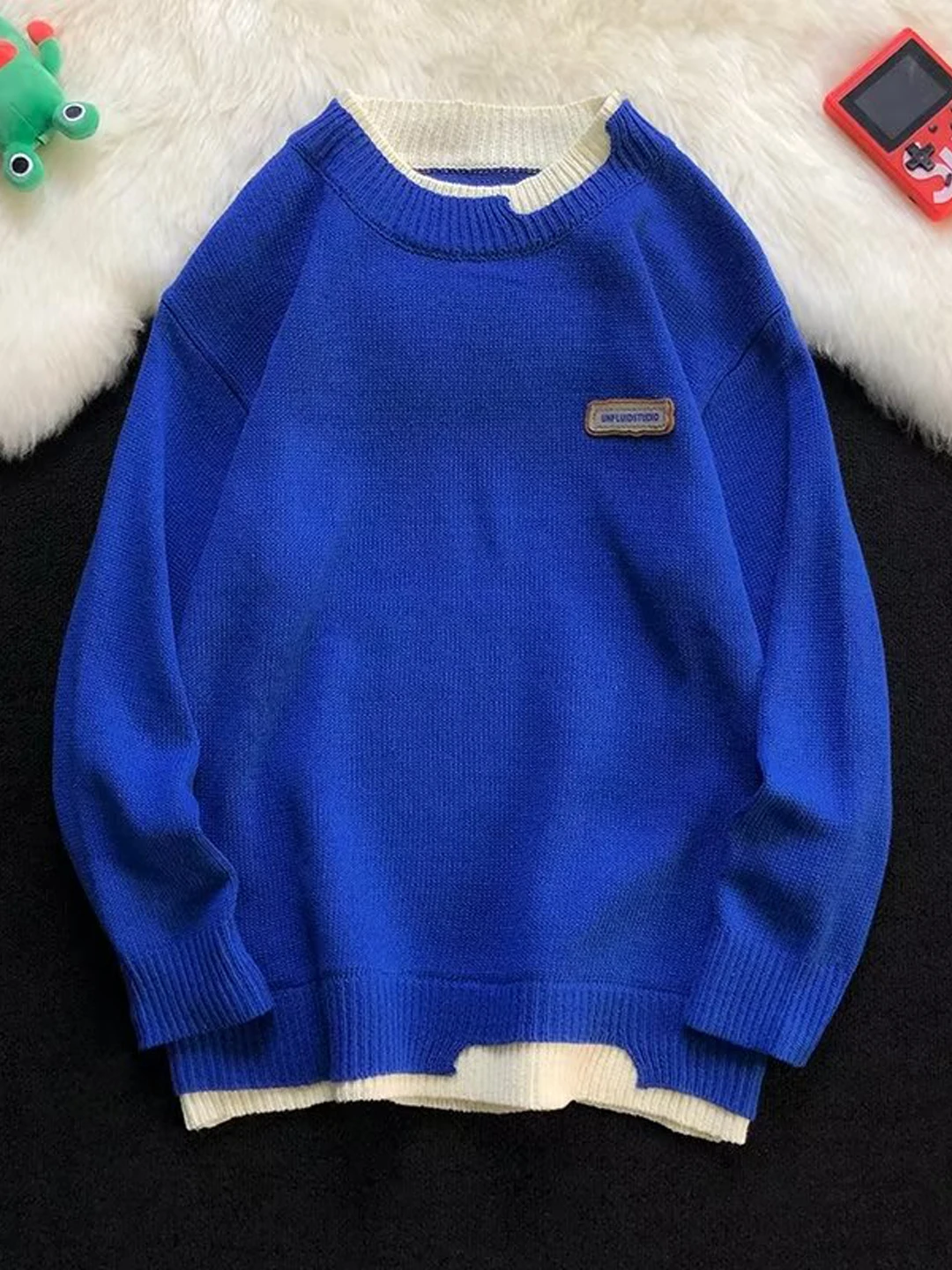 

Klein Blue Japanese Sle Fake Two-Piece Sweater Women's Autumn Winter Knitted Neutral Sle Couple Inner Wear Woolen Clothes