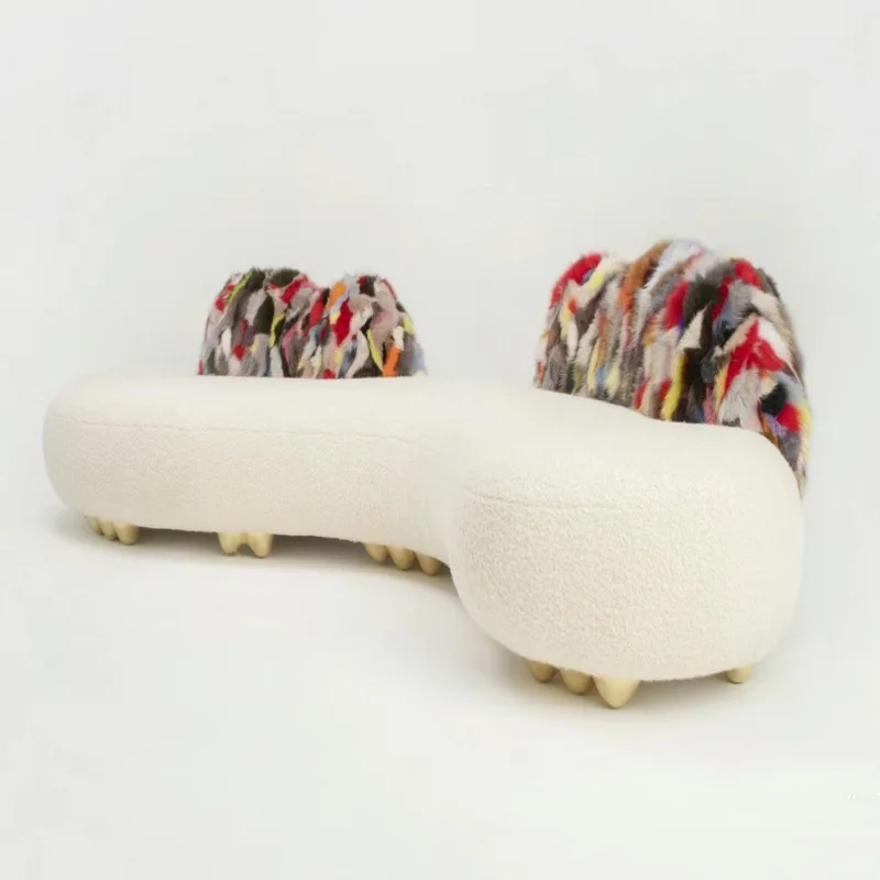 Artist niche designer sofa, cream living room curved fabric lamb wool S-shaped sofa