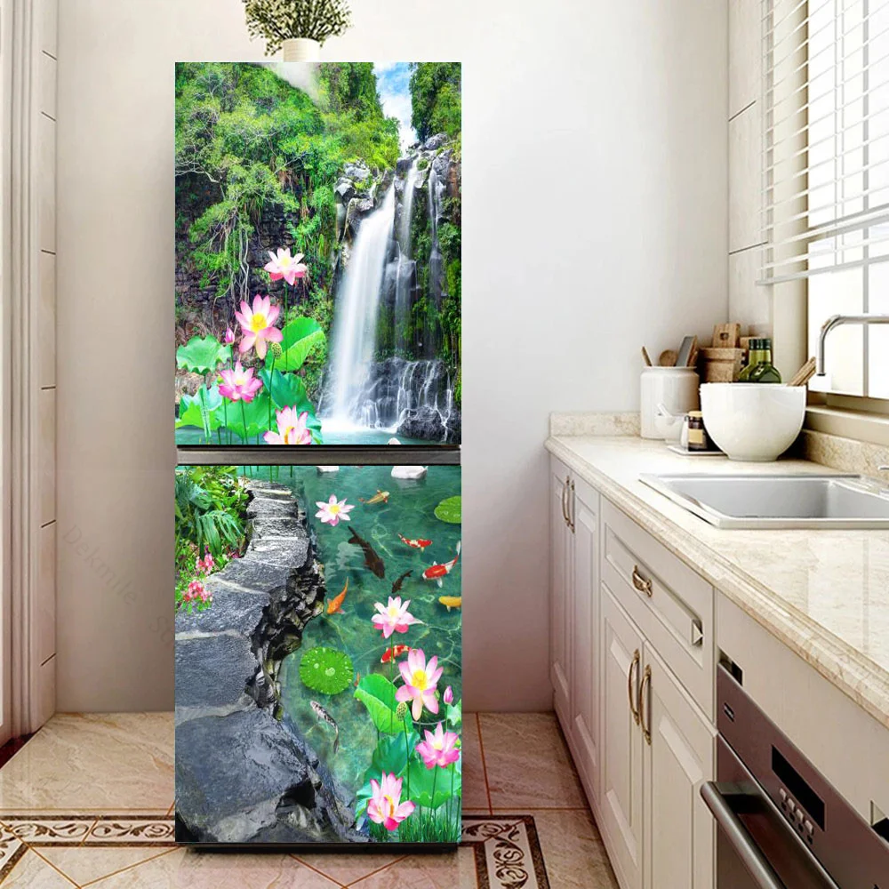 Natural Swan Waterfall Wallpaper For Refrigerator Lane Flowers Adhesive Vinyl Sticker Kitchen Fridge Wall Wardrobe Decor Decal