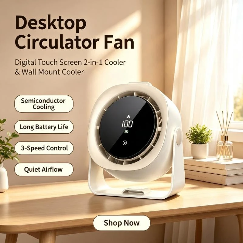 デスクトップサーキュレーターファン-デジタルタッチスクリーン-2-in-1-スタンド-壁掛け式-ポータブル-半導体冷却-長時間バッテリー駆動