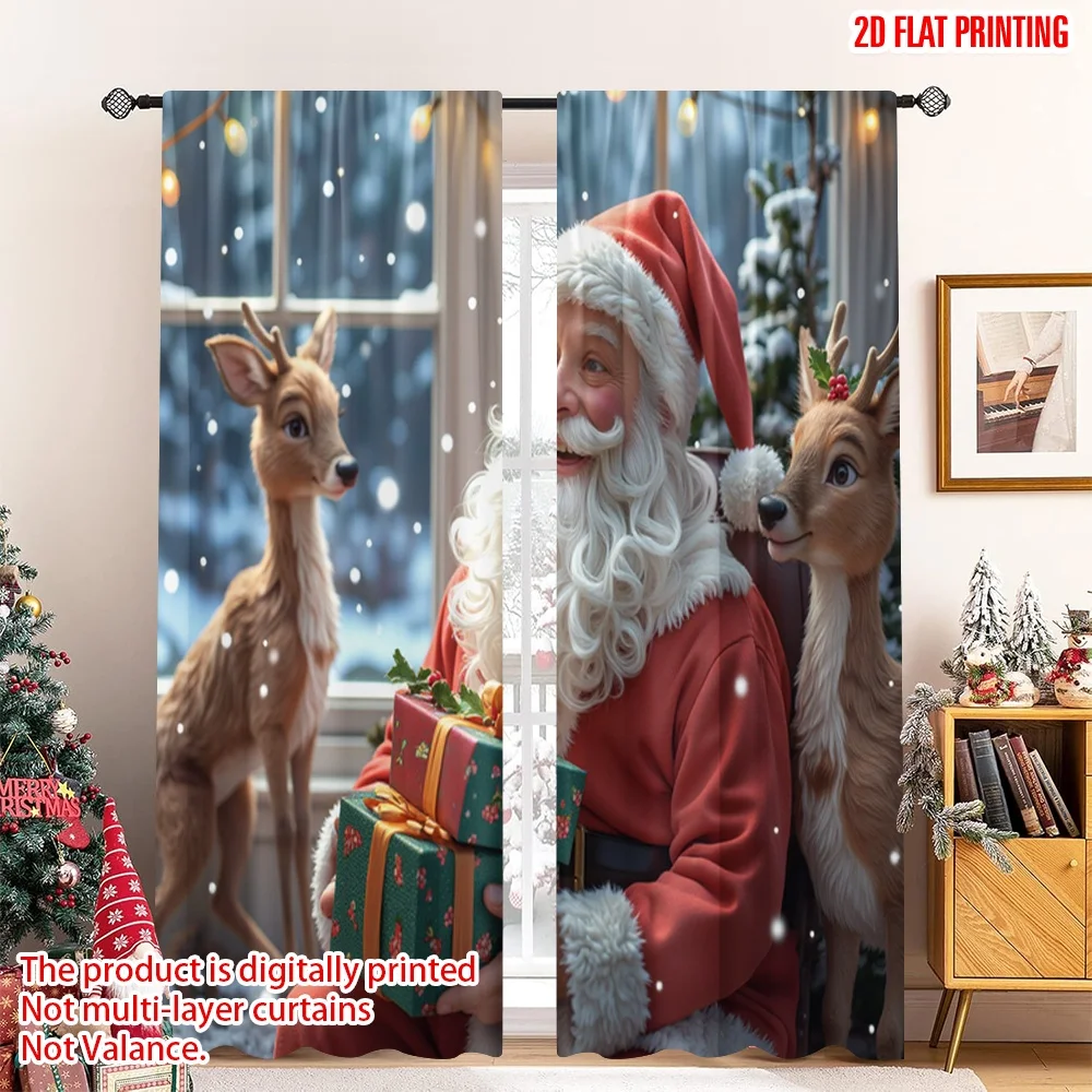 

2pcs 2D flat printing Christmas Scene Curtain Santa Claus Reindeer Christmas Gifts Polyester Fabric Without Electricity Family