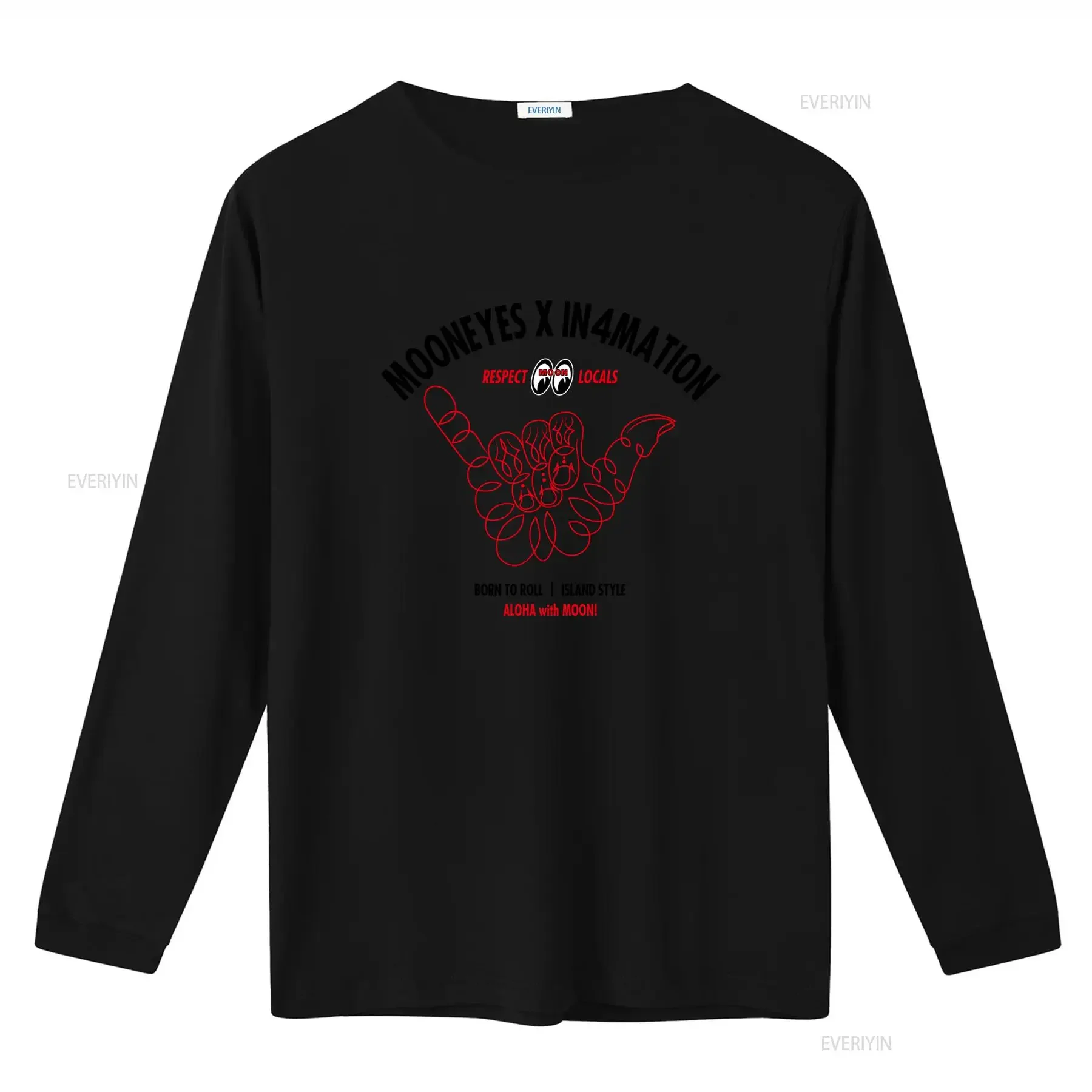 In4mation x Mooneyes Aloha With Moon Double Sided Official Black T Shirt Respect Locals Born To Roll Island Style vintage