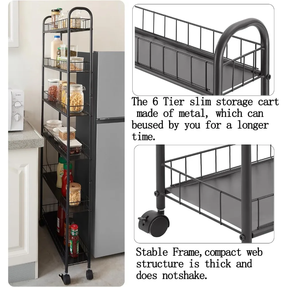 Carrinho de rolamento fino com armazenamento de 6 camadas, estante móvel com rodas para cozinha, banheiro, escritório, lavanderia