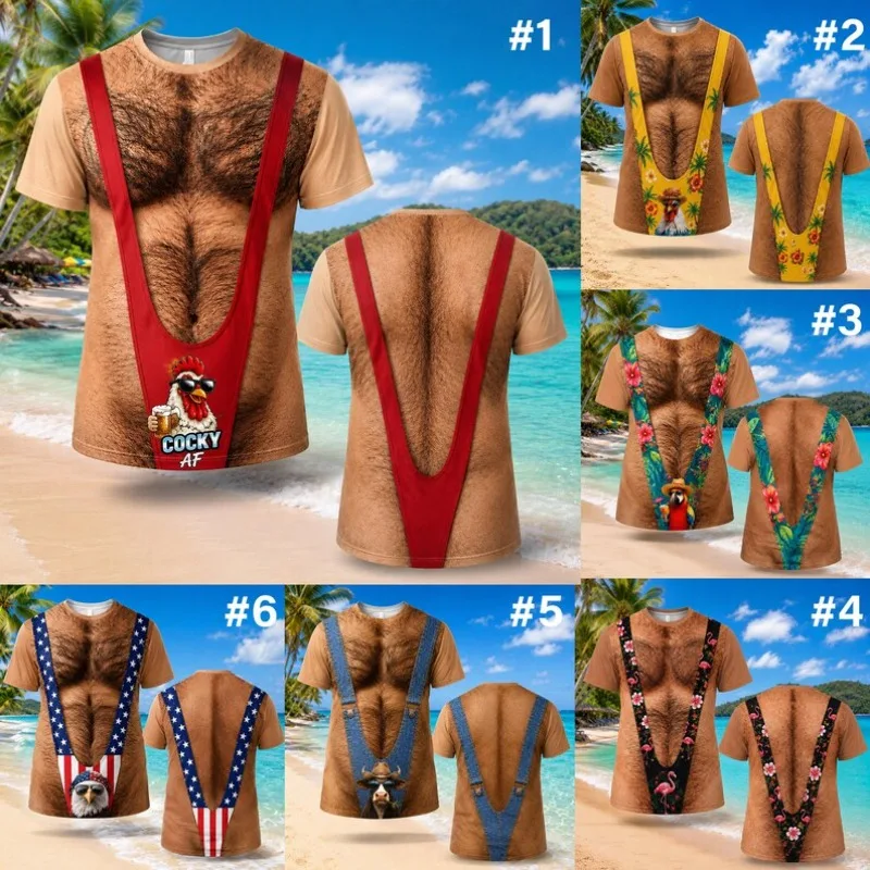 Men Funny Fake Hairy Chest Suspenders T‑Shirt 3D Illusion Rooster Eagle Cow Animal Graphic Short Sleeve Novelty Gag Tee