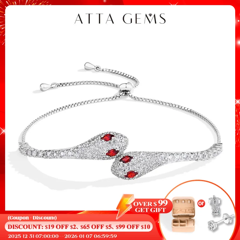 ATTAGEMS Original Double Snake Head Moissanite Bracelets for Women Men D VVS1 Diamonds S925 Silver Birthday Wedding Gifts 16+8cm