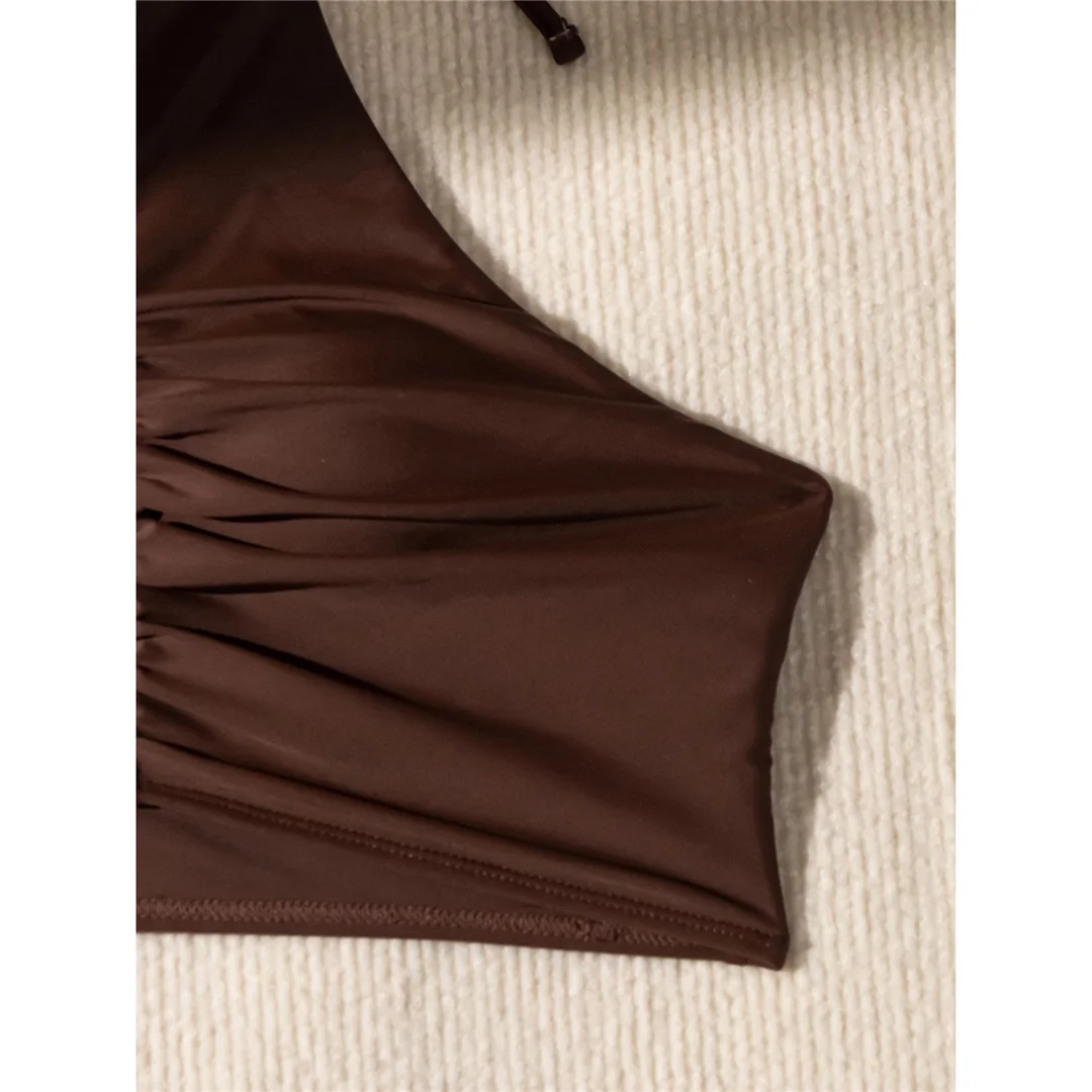 Halter Neckholder-Bikini mit Falten, hoher Halsausschnitt, Damen-Badeanzug, Bikini mit hoher Taille, zweiteiliges Bikini-Set, Badebekleidung, Badeanzug, Modell V5616 – Detail 15
