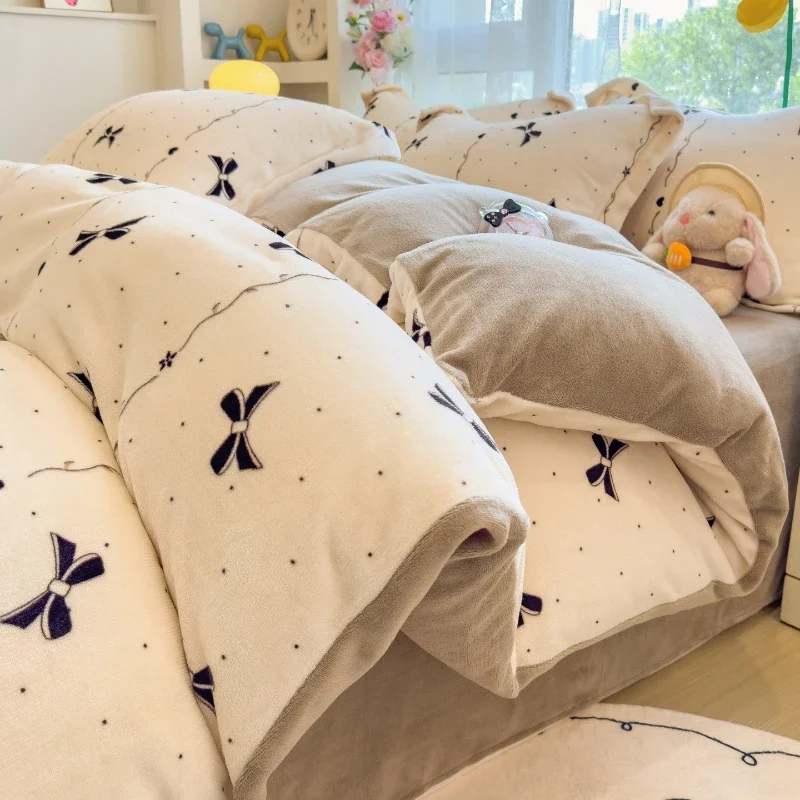 Soft Plush Winter Bedding Set Thickened Milk Velvet Coral Fleece Quilt Cover Fast Warm Retention Fluffy Cozy Bed Flat Sheet