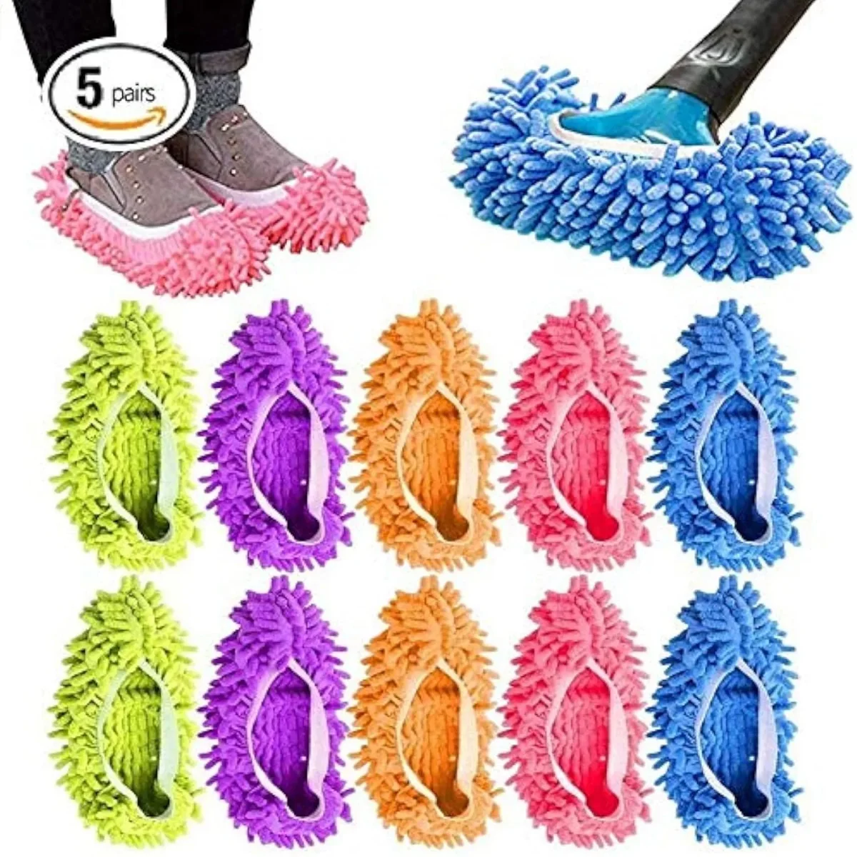 5 Pairs Multicoloured Washable Cleaning Shoes Cover Multifunction Chenille Duster Mop Slippers Foot Socks for House Floor