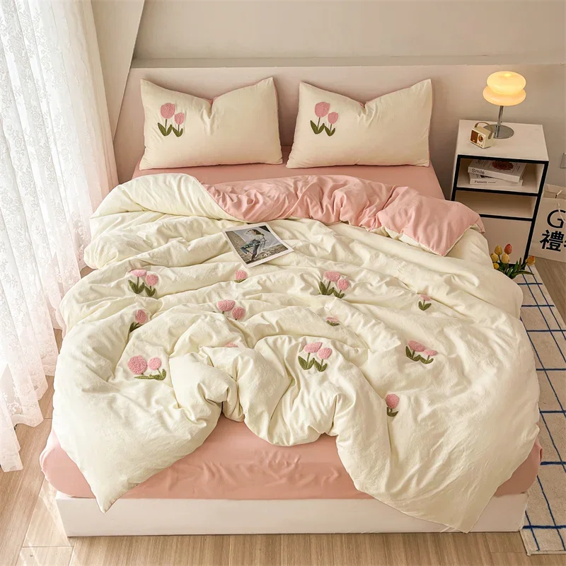 

2025 New Printed Duvet Cover with Bed Sheets and Pillowcases, Unfilled Washed Cotton, Full Size Light Luxury Home Bedding Set