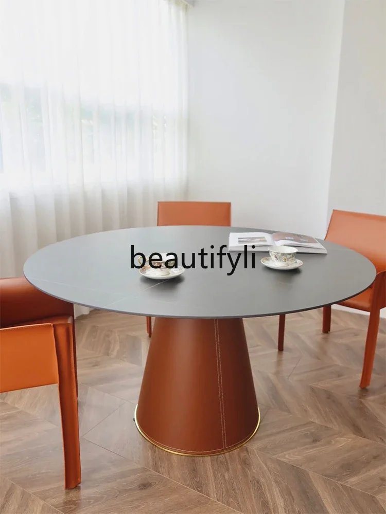 

Handmade leather family multi-purpose round dining table mesh rock slab dining table light luxury modern simplicity