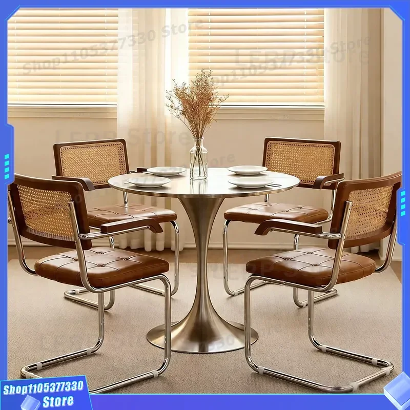 Vintage Rattan Armchair Medieval Style Dining Chair for Cafe Milk Tea Shop Hotel Homestay Leisure Computer Seat Home