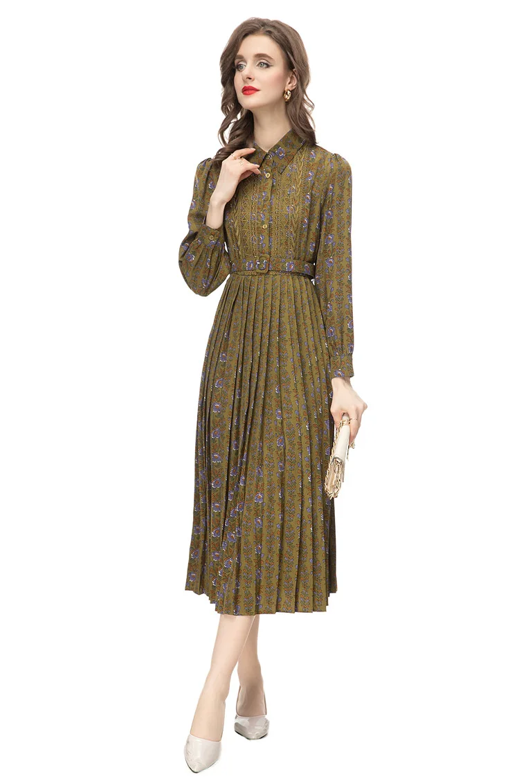 Spring Fashion Designer Vintage Print Pleated Dress Women Lapel Button Embroidery Sashes Gathered Waist Slim Long Dress