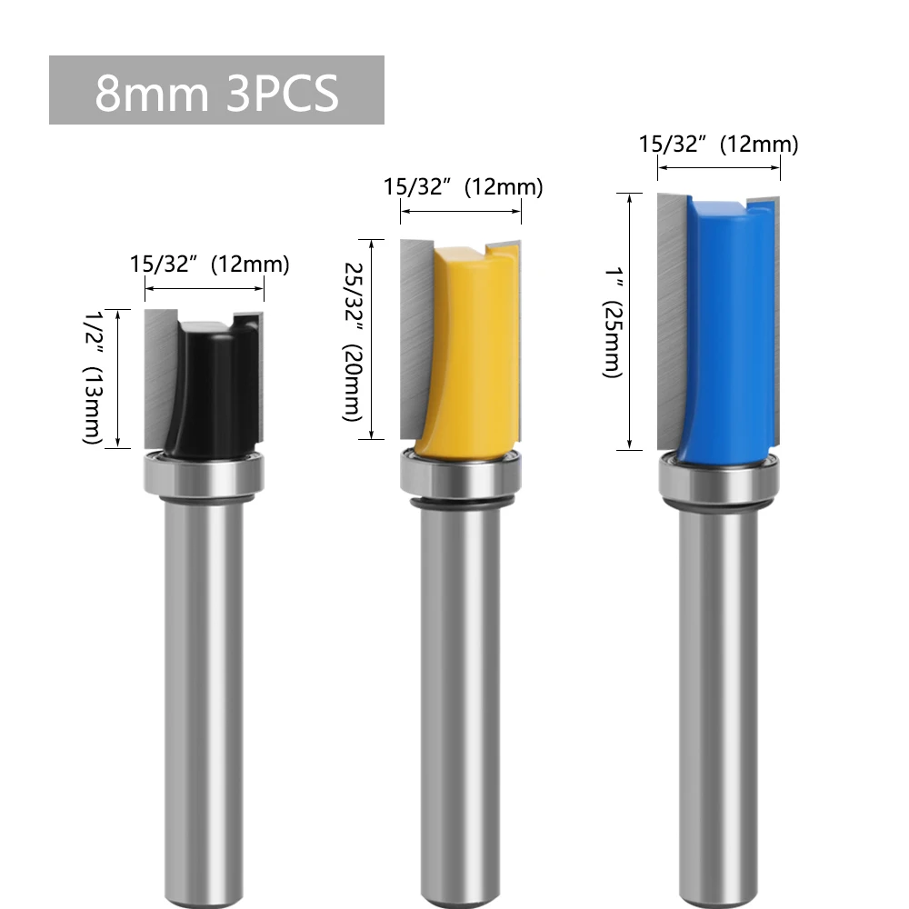 3pcs 8mm Shank Flush Trim Router Bit Pattern Bit Top Bottom Bearing 1/2\