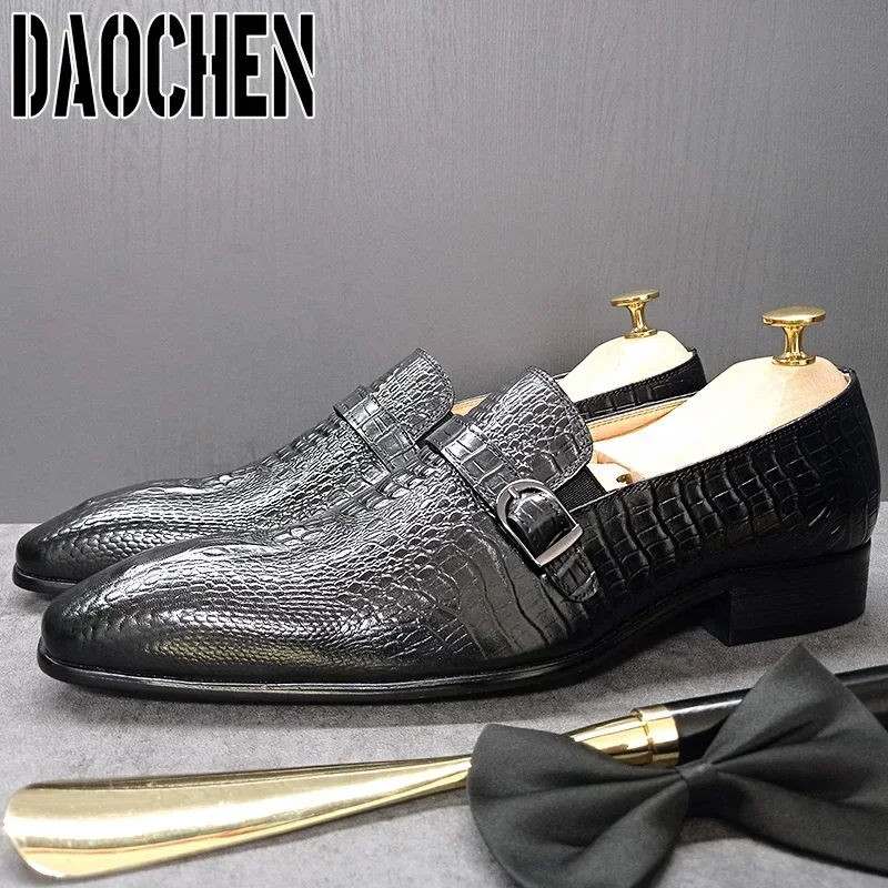 Luxury Men Leather Shoes Black Wine Crocodile Print Pointed Slip Casual Mens Dress Shoes Wedding Office Loafers For Men