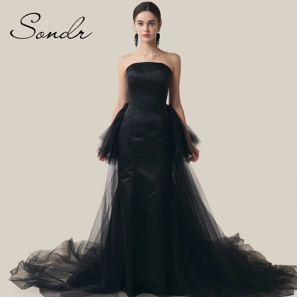 Sondr 블랙 웨딩 드레스 끈이 없는 새틴과 튤 신부 셀프 웨딩 드레스 맞춤형 한국 웨딩 드레스 사진 촬영