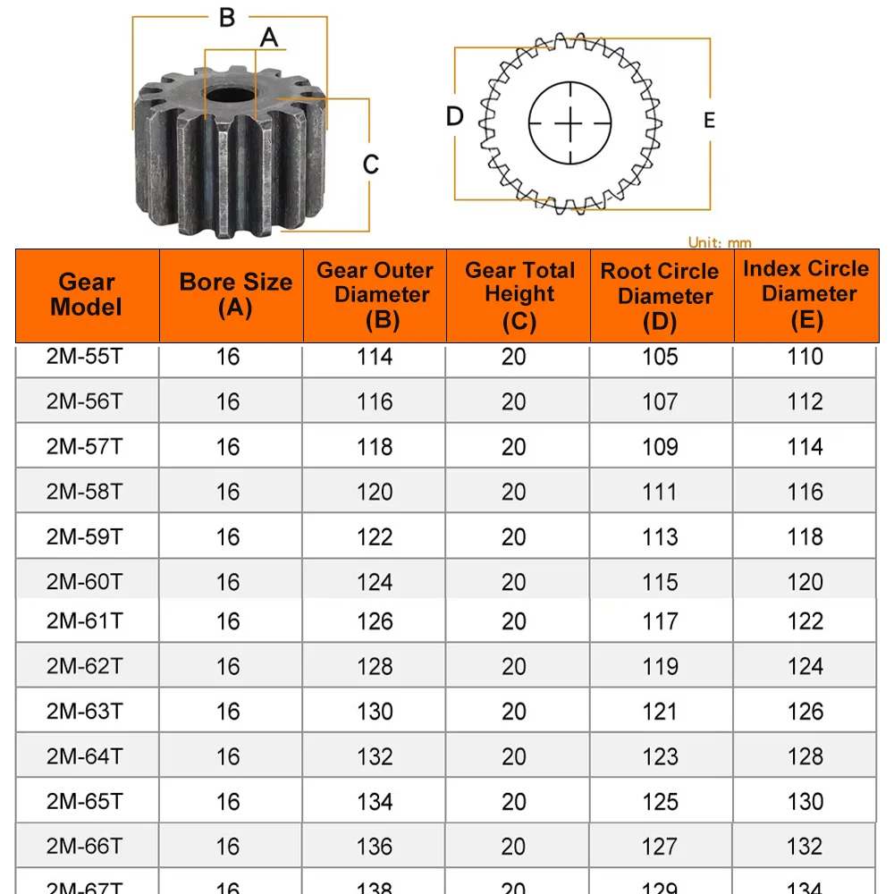 2 M Spur Gear 55/56/57/58/59/60/61/62/63/64/65/66/67/68T SC45# Carbon Steel Material Cylindrical Gear Transmission Accessories