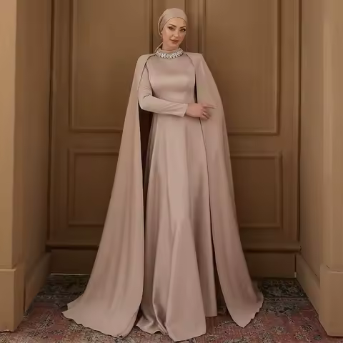 Customized Modest Evening Dress Crystal High Collar Long Sleeve Saudi Arabian Evening Gowns A Line Cape Woman's Formal Dresses