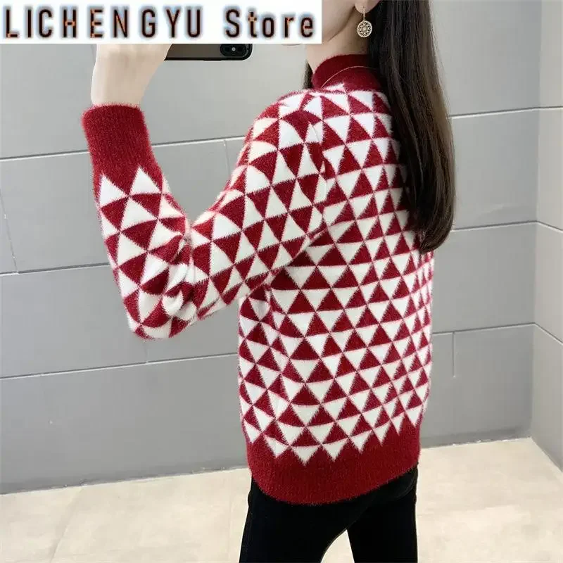الخريف والشتاء المرأة مفصلية Argyle نصف الياقة العالية كم طويل الصوف البلوزات لاعبا بلوزات الموضة غير رسمية