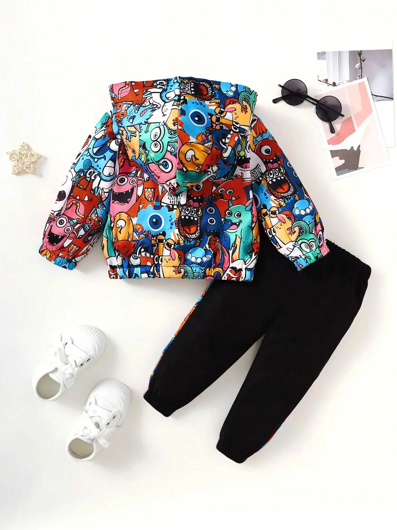 Two Sets Of Baby Boys Casual Cute Monster Pattern Half Open Front Hoodie & Pants Spring And Autumn