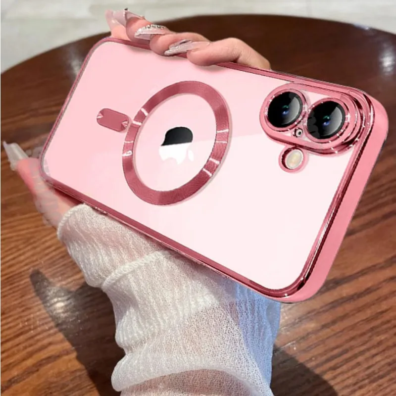 Official 16 Luxury Pink High Clear Plating Case For iPhone 16 15 14 13 12 11 Pro Max 16 Plus Magsafe Magnetic Lens Protect Cover