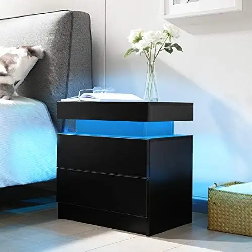 

LED Nightstand LED Bedside Table with 2 Drawers, Wooden Cabinet Unit with LED Lights for Bedroom, End Table for Bedroom Living