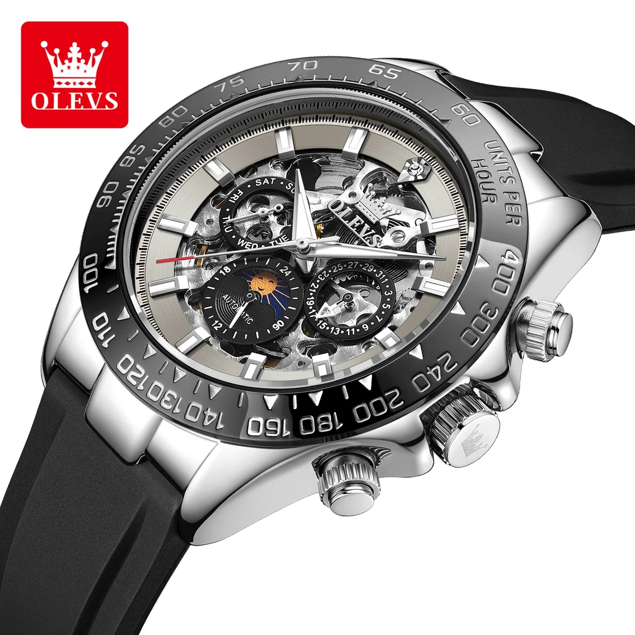 OLEVS 6713 ساعة رجالية مجوفة شفافة ثلاثية الأبعاد مخطط أوتوماتيكي ميكانيكي ساعات رجالية أصلية فاخرة مرحلة القمر ساعات للرجال #1