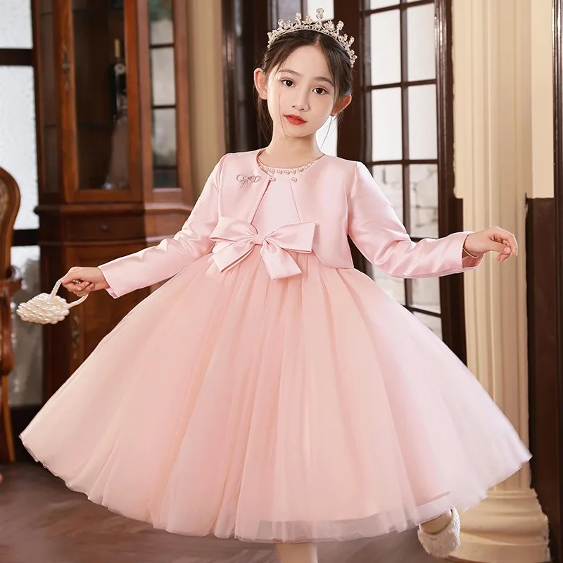 

2-14 Years Pink Dress & Cardigan Girls Princess White Spring Clothing Set 2 3 4 5 6 8 10 12 14 Years Old Kids Clothes 244456