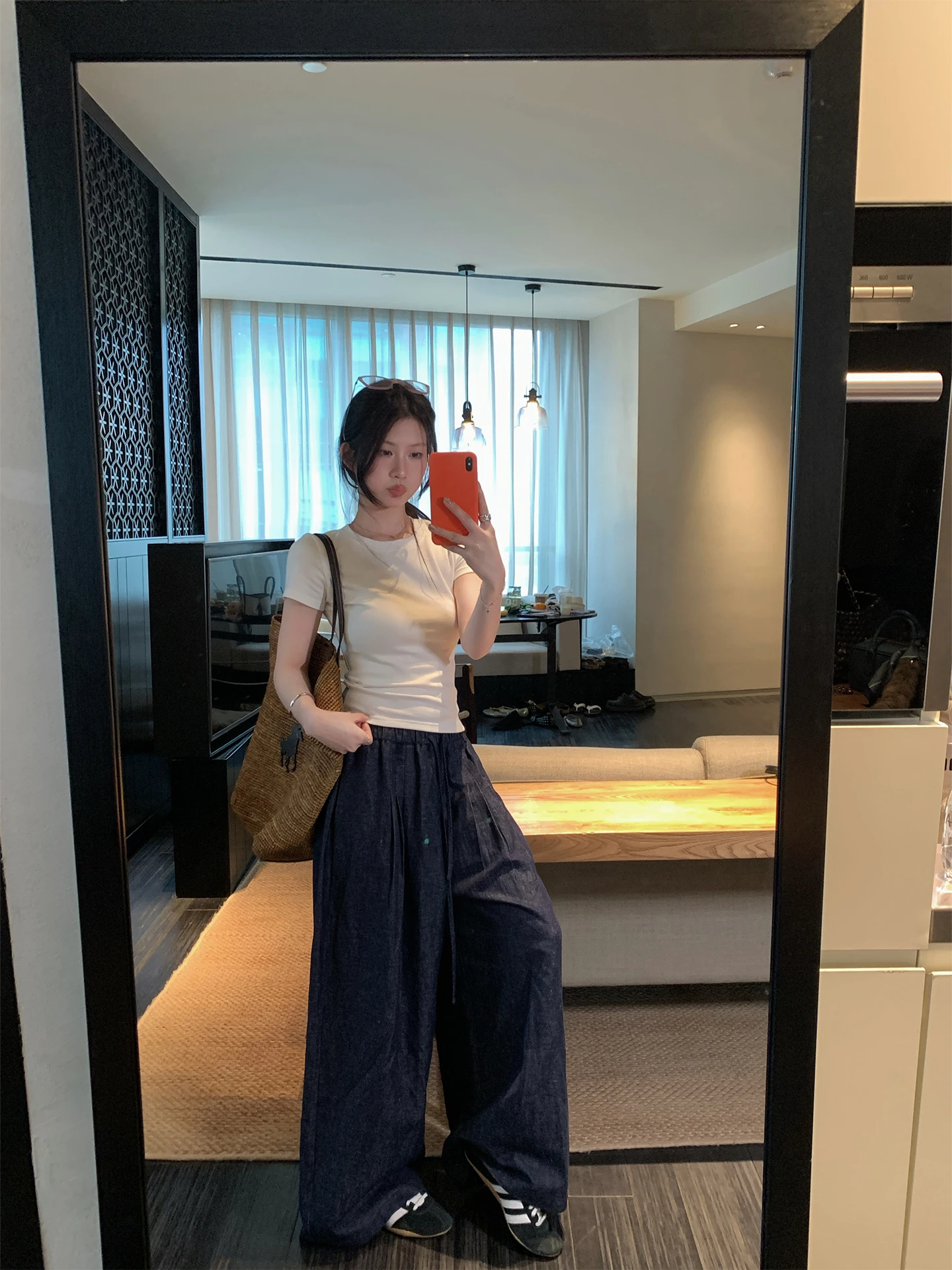 

Retro Washed Cotton Linen Wide Leg Lazy Blue Jeans Casual Style Natural Waist Folded Hem Zipper Closure Color Spring La...