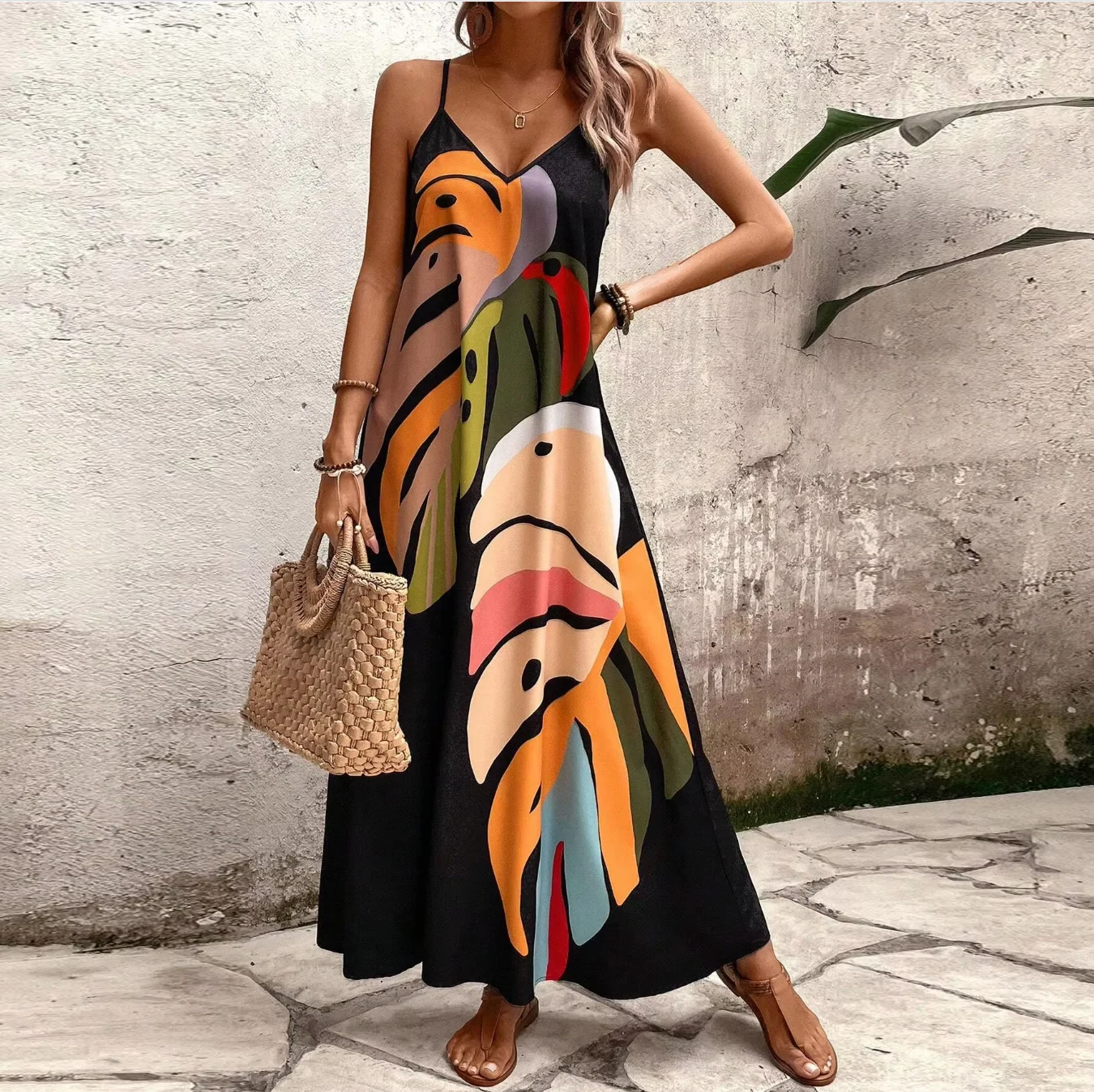 Women's summer ultra long halter dress, stylish color leaf print, V-neck sleeveless, side pocket, adjustable shoulder length