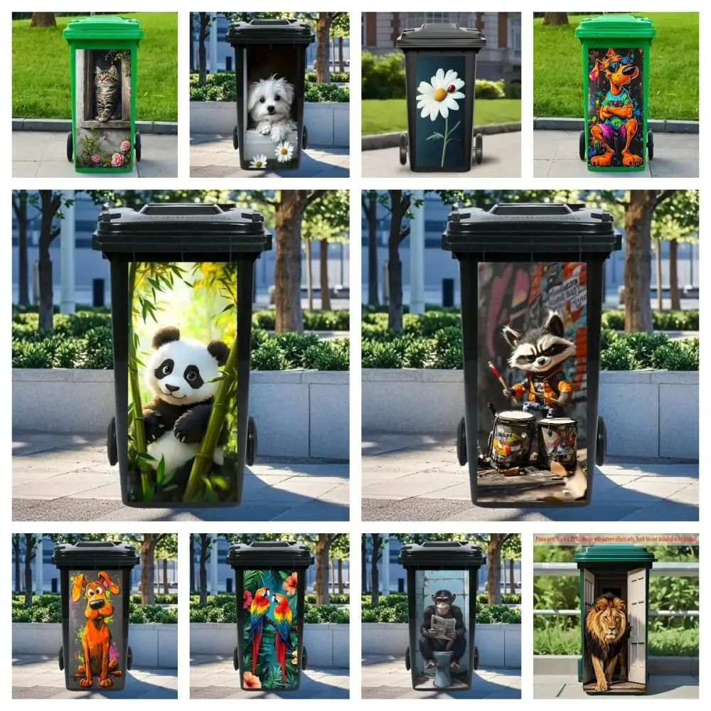 Funny Animal Series Garbage Pail Stickers 2D Waterproof Trash Can Decal PVC Self Adhesive Dustbin Poster Outdoor Patio Decor