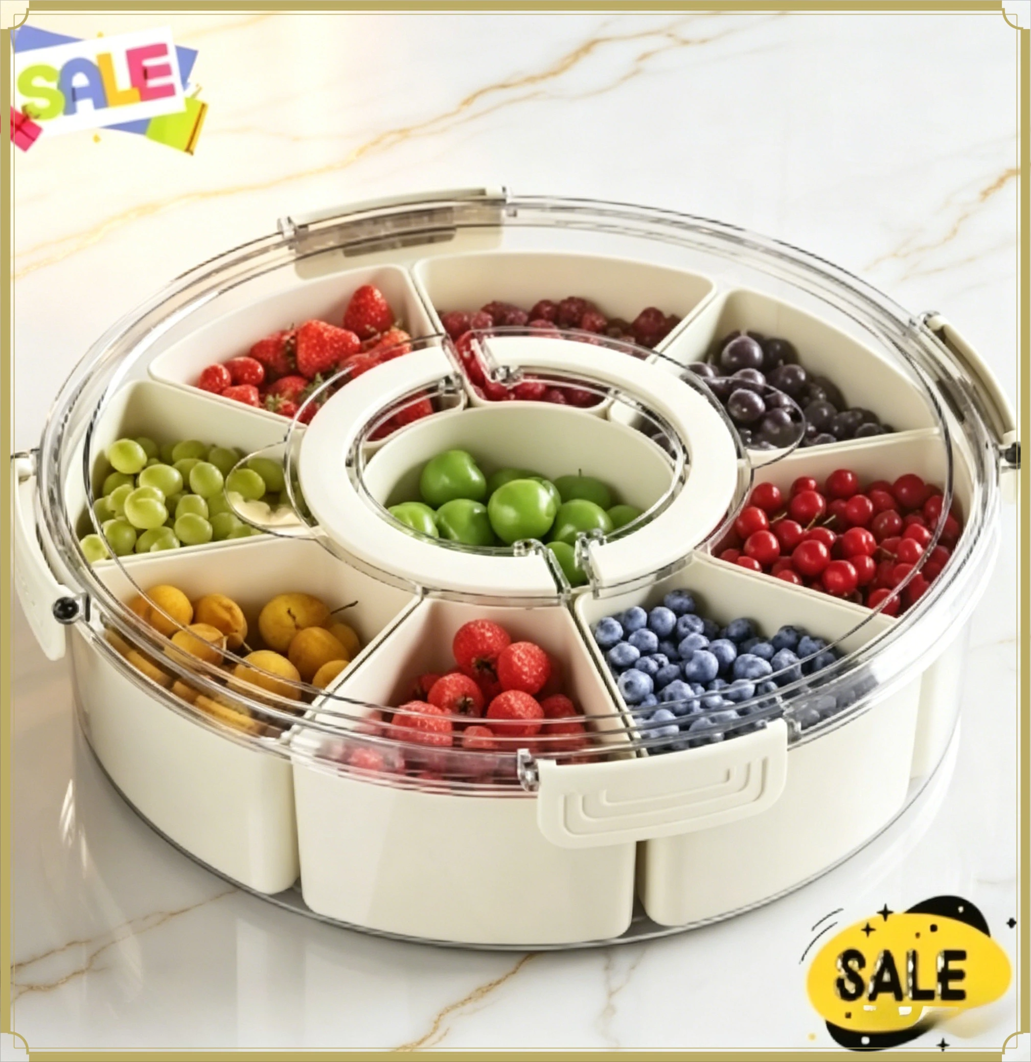 6 Compartment Rotating Transparent Food Storage Container Multi-grid Snack Divider Organizer Box for Home Living Room Kitchen