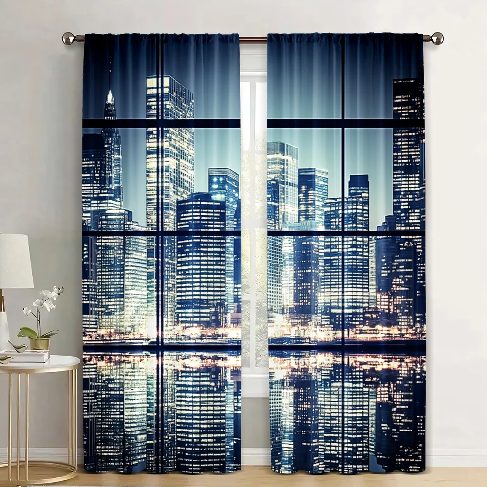 2Pc Modern Curtains Modern New York City Scenery At Night With Skyscrapers Buildings Print Living Room Bedroom Window Drapes_c