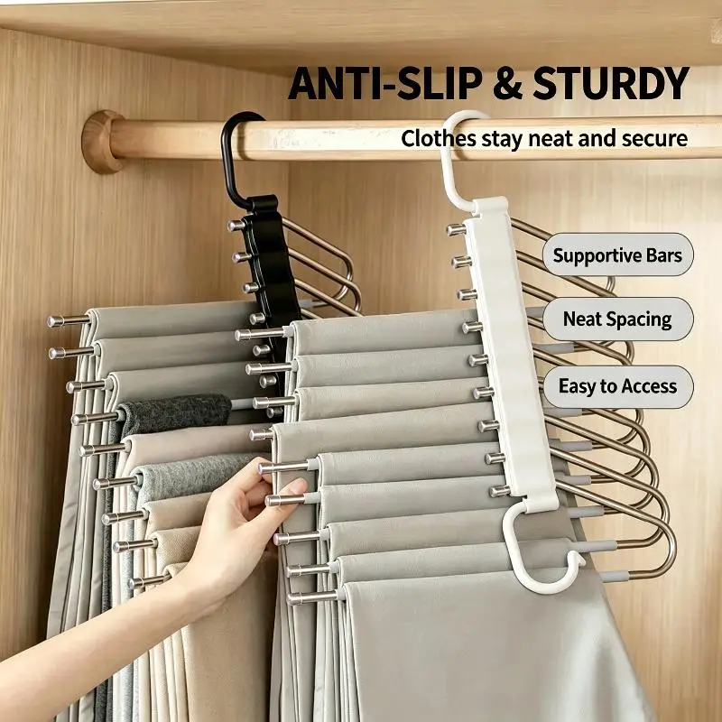 Stainless Steel Folding Trouser Rack Adjustable Telescopic Multi-Layer Storage Rack for Bedroom Wardrobe Sorting