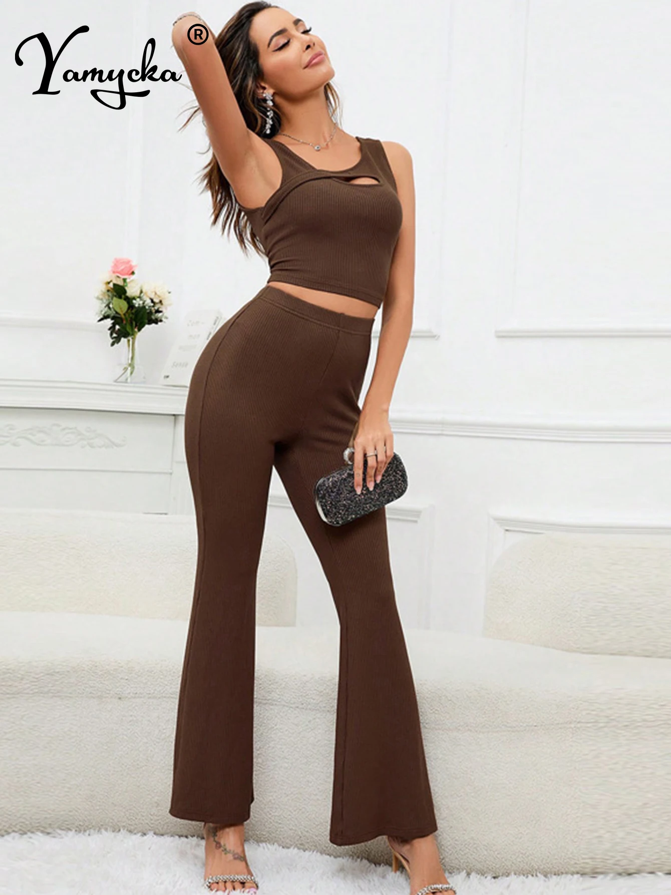 Sexy backless Brown bodycon jumpsuit women 2024 summer flare Pants elegant jumpsuits body birthday club outfit bodysuit overalls