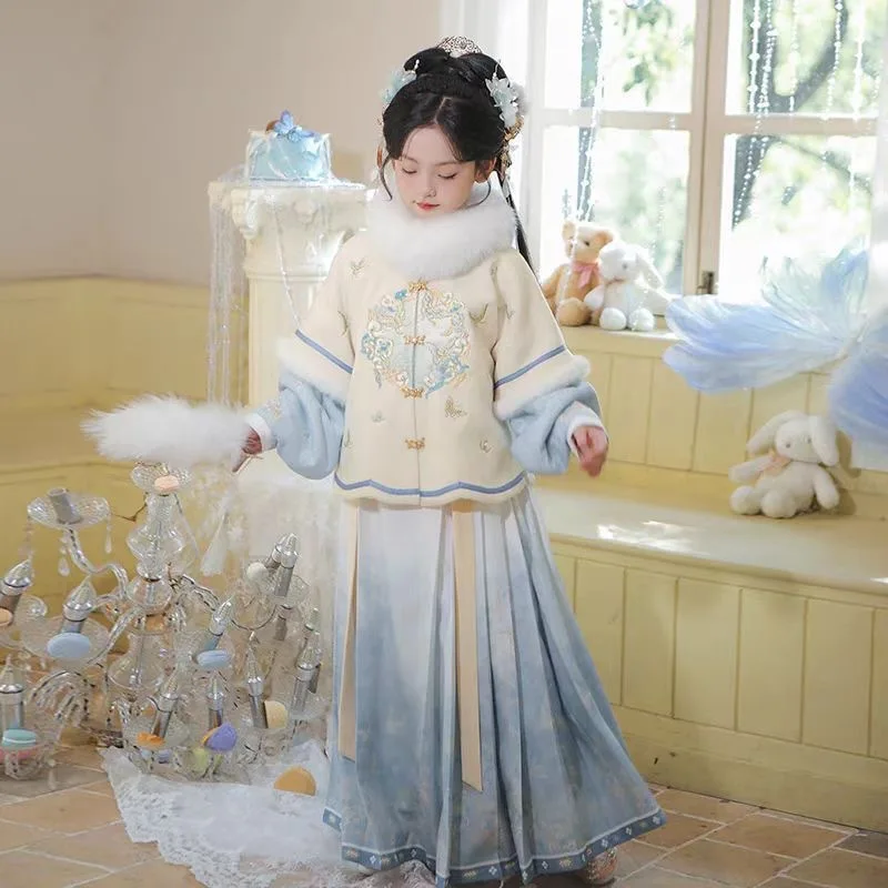 Girls' Set, New Chinese Style Children's Hanfu Autumn And Winter Collection, Ming Ancient Year's Clothing, Thickened Skirt