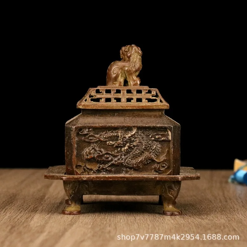 Antique-Style Brass Alloy Craft Four Divine Beasts Square Censer Home Living Room Decorative Ornament