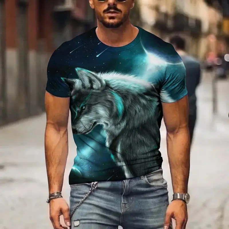 Summer Men Animal Wolf Print 3d Hd Printing O Collar Short Sleeve T-Shirt Fashion Cool Street Personality Loose Plus Size Top