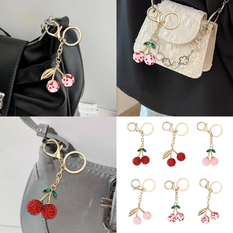 Sparkling 3D Cherry Keychain Charm Bag Accessory Fashionable Rhinestones Fruit Shaped Key Ring Ornament for Women