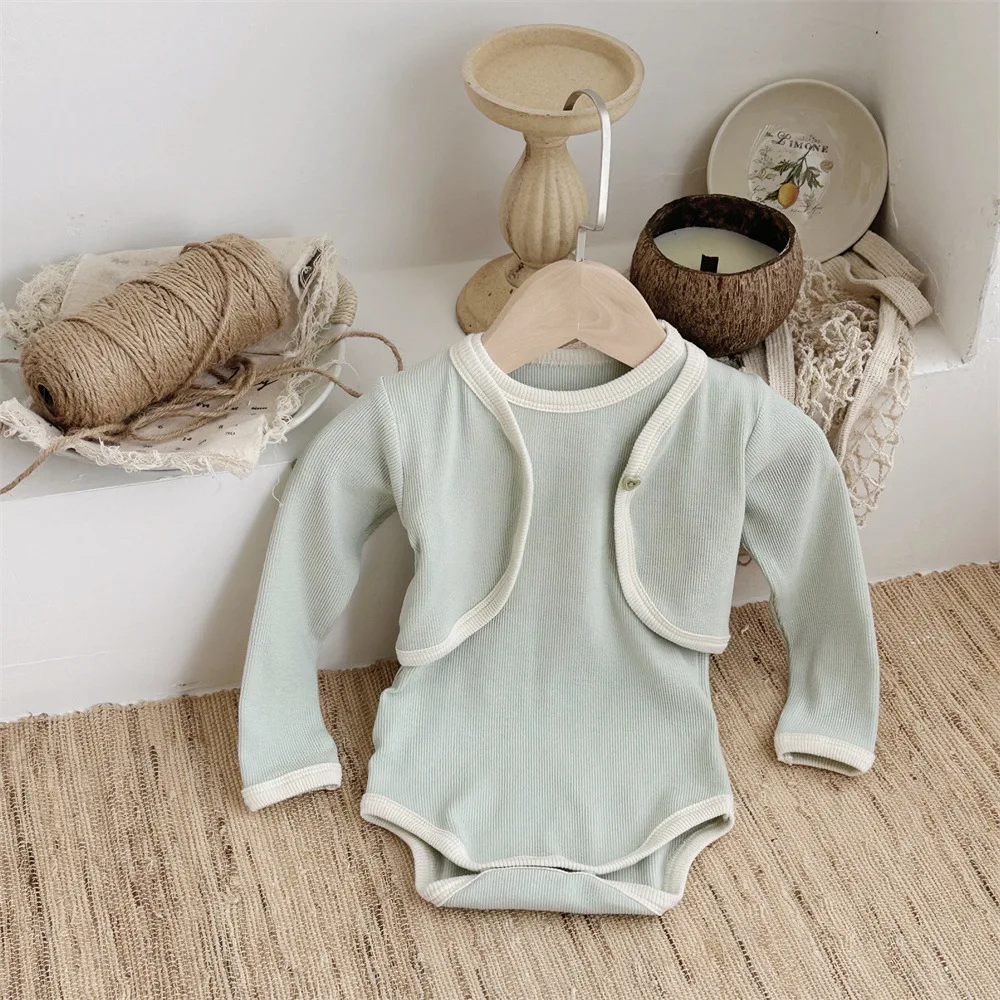 2024 Autumn Baby Girl Long Sleeve Bodysuit + Cardigan 2pcs Suit Infant Clothes Set Toddler Cotton Jumpsuit Overalls