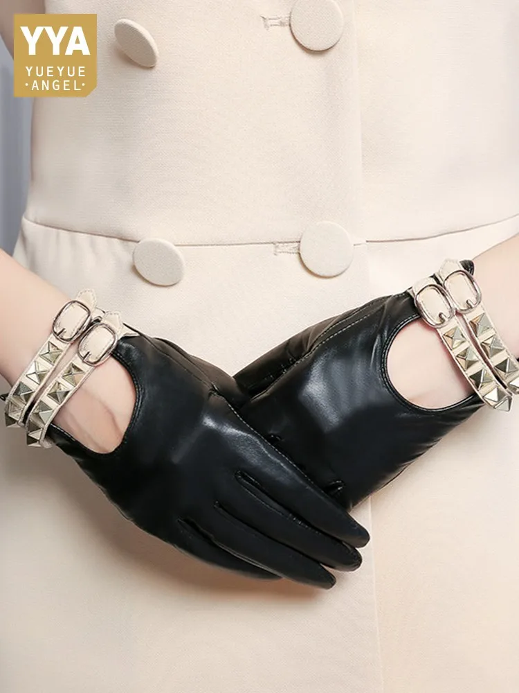 Fashion Women Rivets Sheepskin Genuine Leather Gloves Party Acecssory Buckle Mixed Color Mittens Elegant Lady Punk Style Gloves