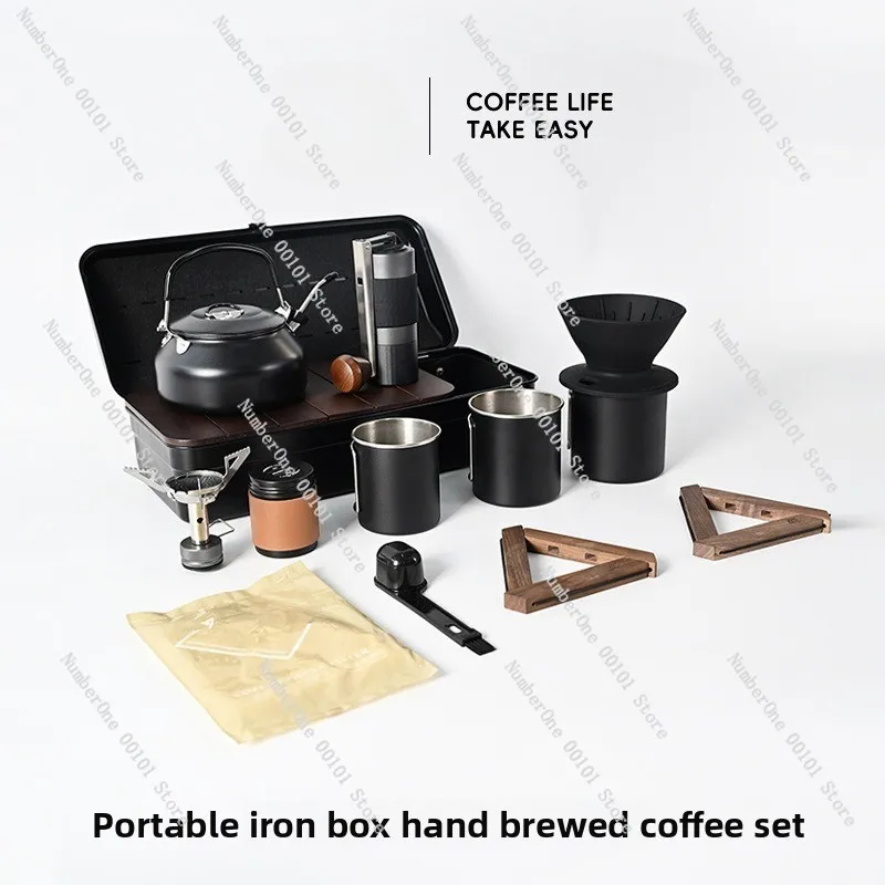 Outdoor Iron Storage Box with Hand Brew Coffee Set, Portable Camping Coffee Grinder & Pot Filter Cup Combo