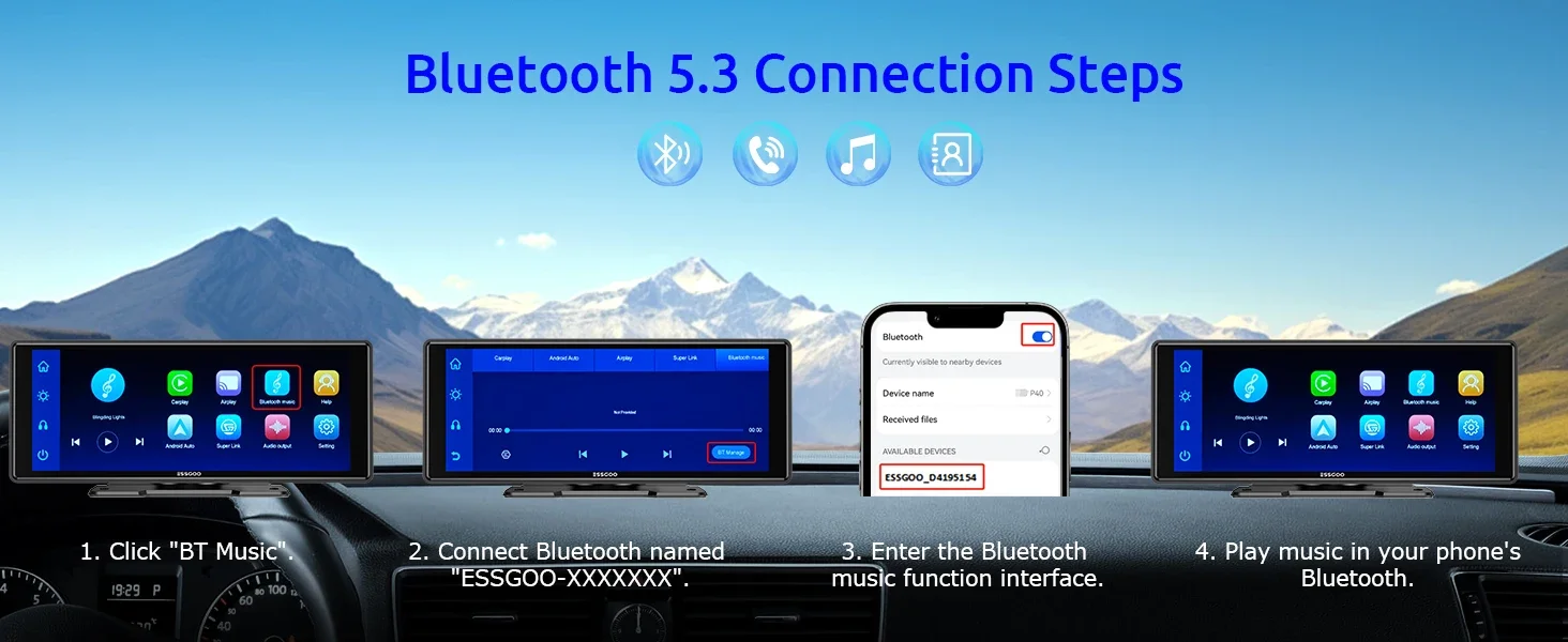 ESSGOO 10,26" Tragbare Universelle Drahtlose Carplay-Halterung für Wohnmobile, LKWs, Autoradios, Tourscreen, Android Auto, Bluetooth, FM, Lenkradsteuerung, Einfach zu installieren – Detail 13