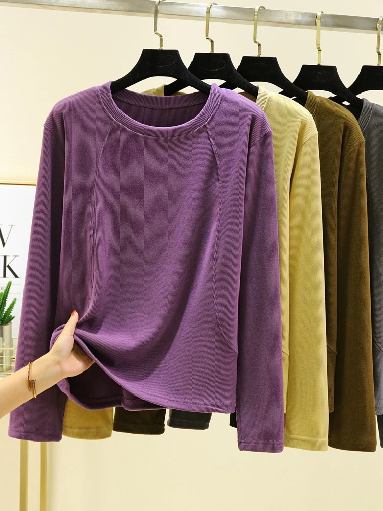 

2024 Women's Autumn Winter New Round Neck Bottoming Tops Female Thick Warm Velvet T Shirt Ladies Long Sleeve Loose T-shirts H383