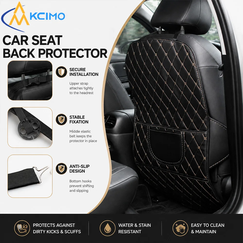 3-Point Fixed Car Seat Back Protector Cover Anti-Kick Wear-Resistant Dirty-Proof with Storage Pocket Auto Interior Accessory