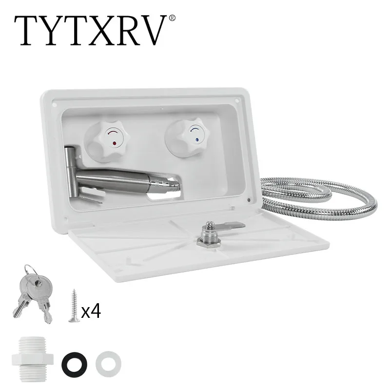 

RV Caravan White Exterior Shower Box Kit with Lock 1.5M Metal water pipe Water saving nozzle apply to Camping Camper accessories