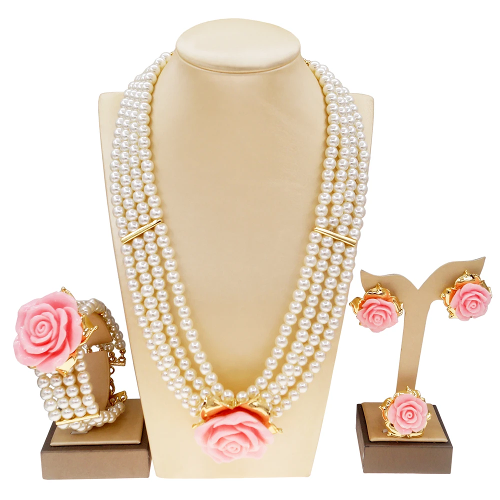 Elegant Woman Dinner Party Pink Rose Flower Earrings Necklace Jewelry Set Simple Earrings Bracelet Accessory Gift Free Shipping