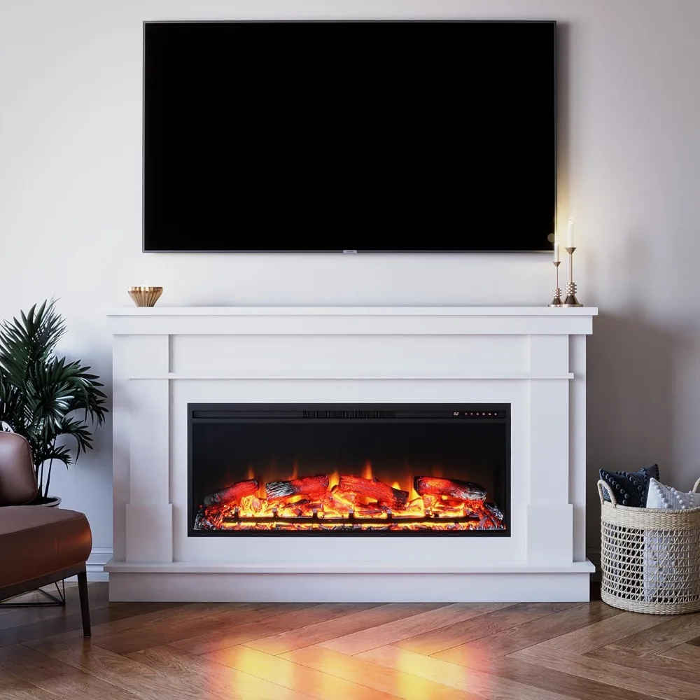 Elmcroft Contemporary Wide Mantel with Linear Engineered Wood Electric Fireplace for Living Room/Family Room